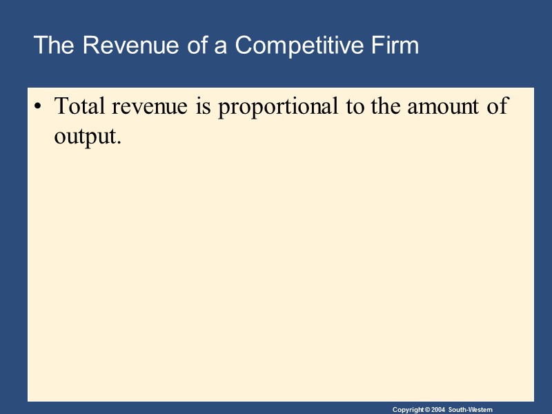 The Revenue of a Competitive Firm Total revenue is proportional to the amount of